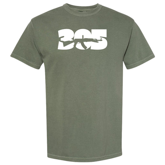 A moss olive green short-sleeve crewneck t-shirt featuring a bold white graphic on the chest that reads '305' Miami area code with a rifle silhouette integrated into the design.
