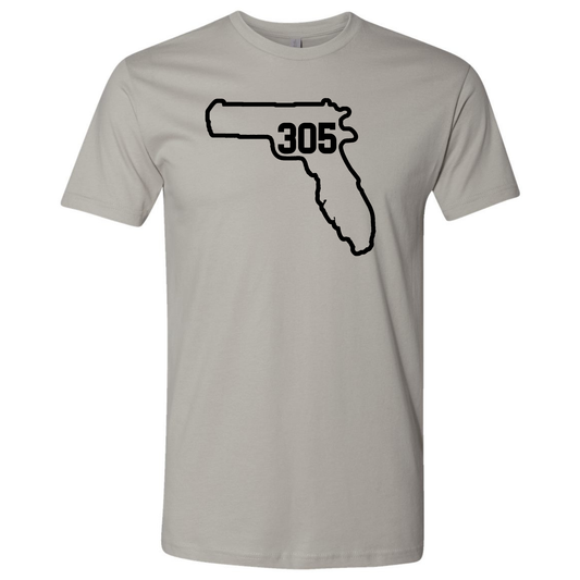 A light grey short-sleeve T-shirt with a black graphic of the state outline of Florida containing Miami area code '305' on the chest, displayed against a solid white background.