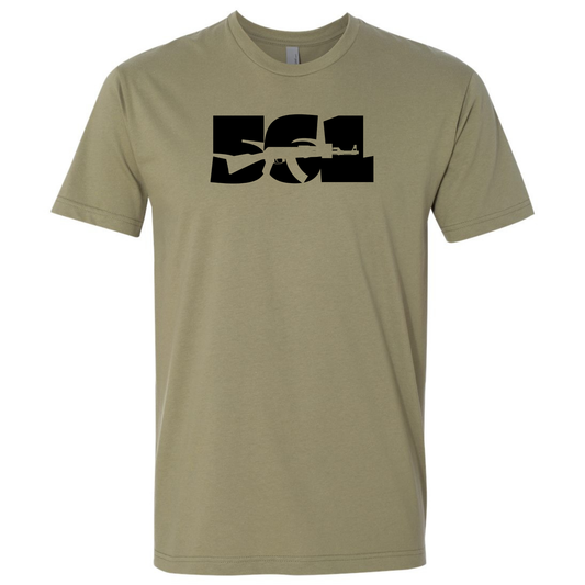 A light olive green T-shirt featuring a black '561' rifle graphic inspired by South Florida gun culture.