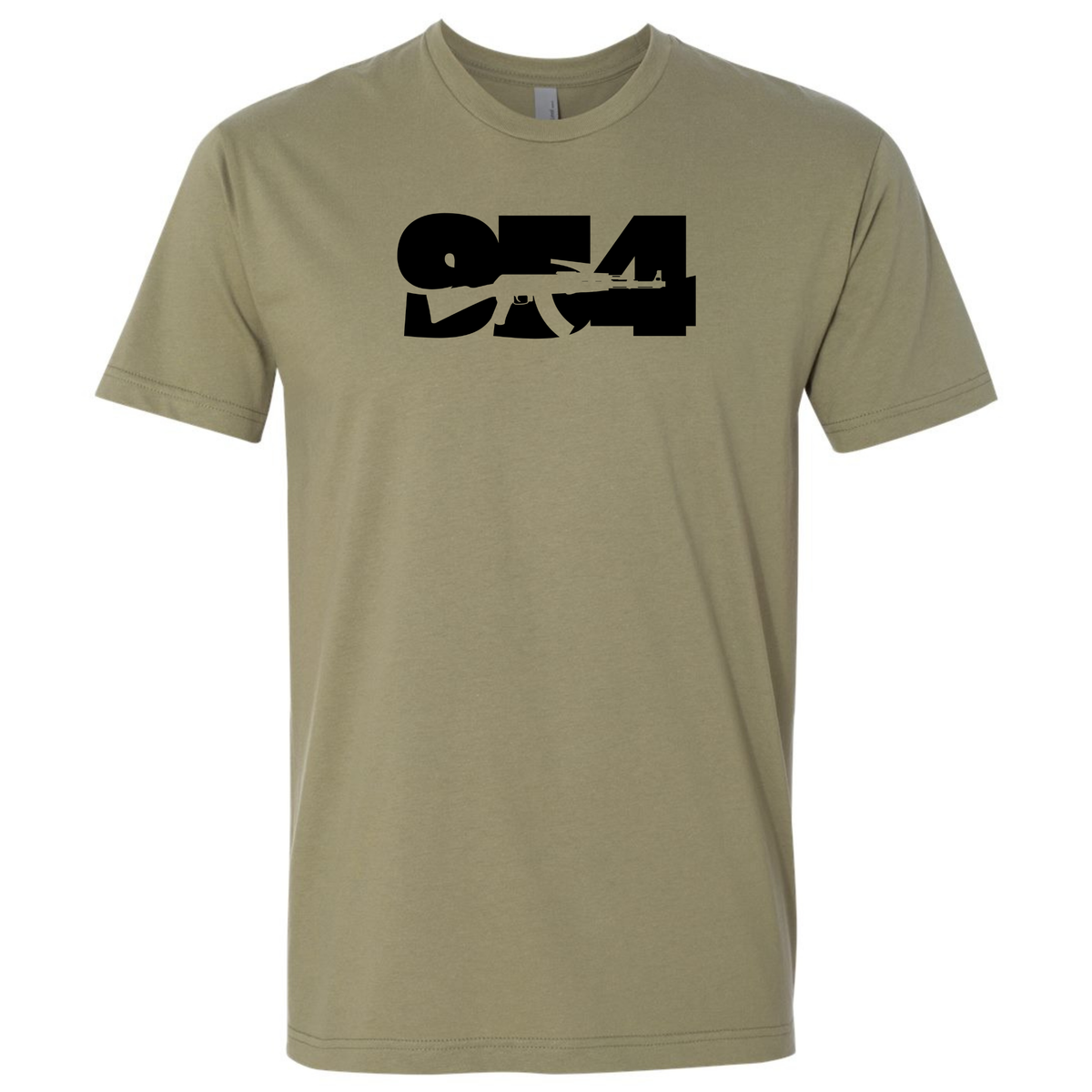 A light olive green T-shirt featuring a black '954 AK-47' chest design representing Broward County, Florida.