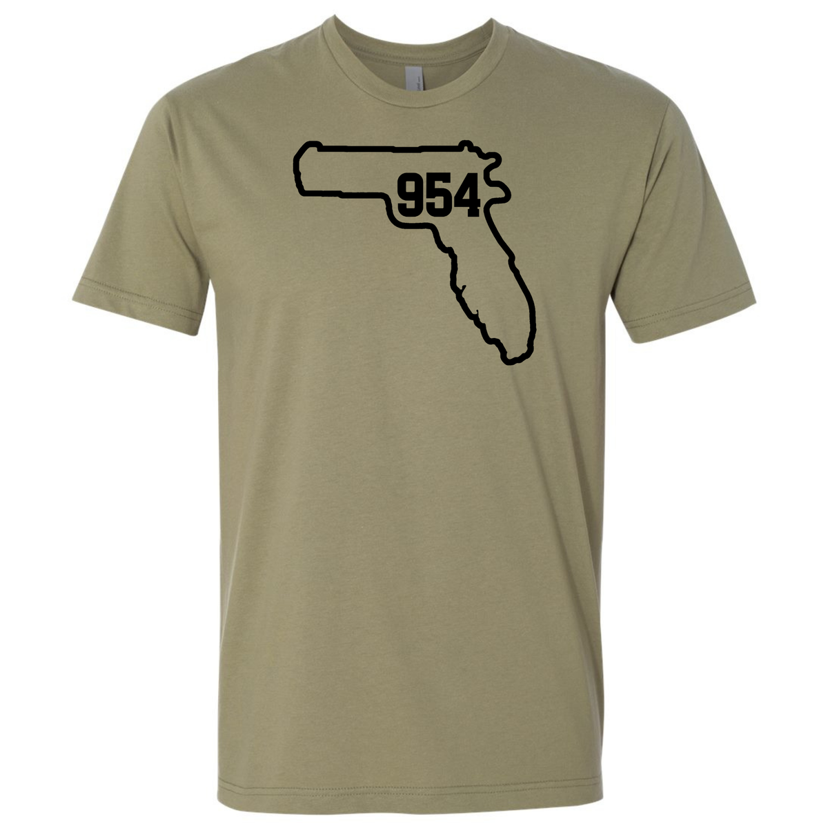 Light olive green T-shirt featuring a black Florida outline with the '954' Broward County area code incorporated into the design.