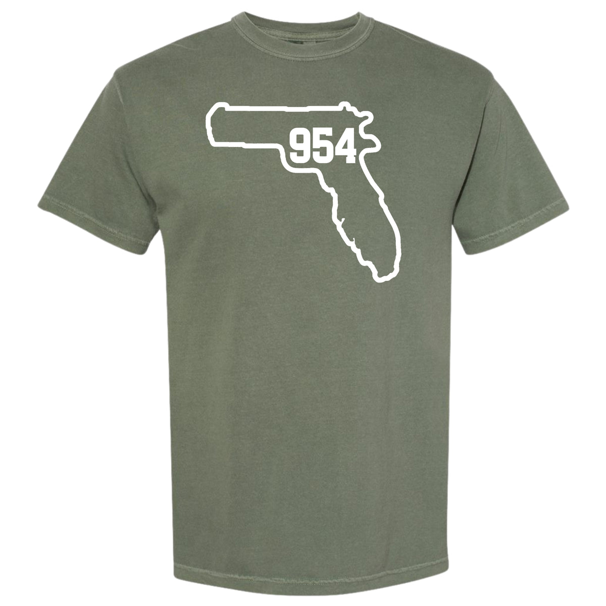 An olive green Moss short-sleeve crewneck t-shirt featuring a white graphic of the Florida state outline overlaid with a handgun silhouette and Fort Lauderdale area code '954'.
