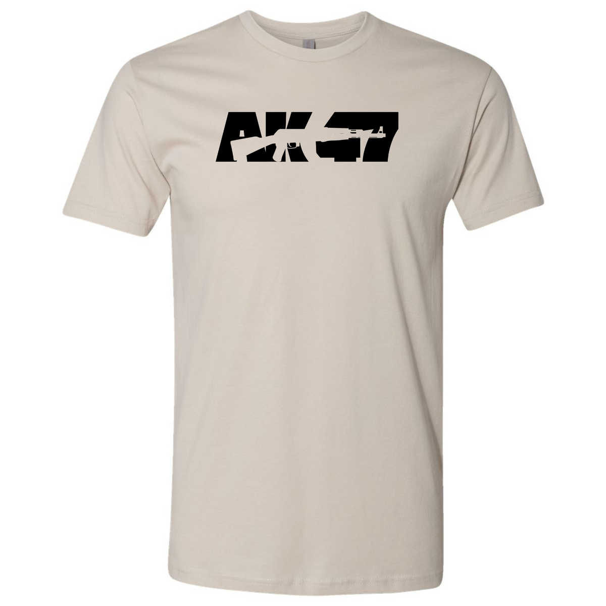 A sand-colored modern fit T-shirt featuring a black 'AK-47' rifle design from Brass & Palms.