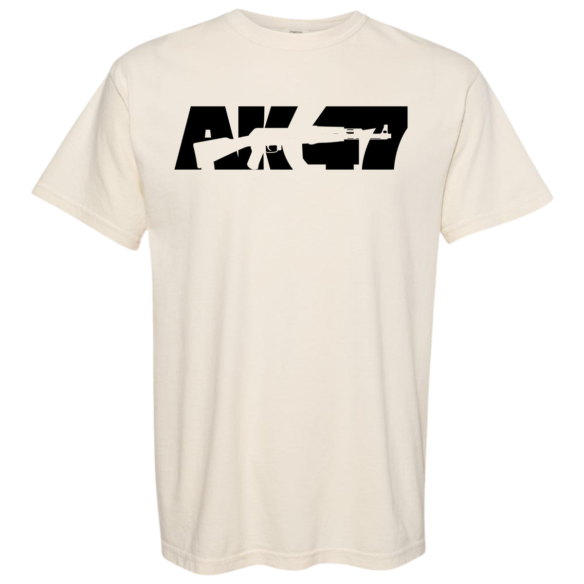 An off-white ivory short-sleeve crewneck t-shirt featuring a bold black graphic on the chest that spells 'AK-47' in the shape of a rifle silhouette, displayed against a solid white background.