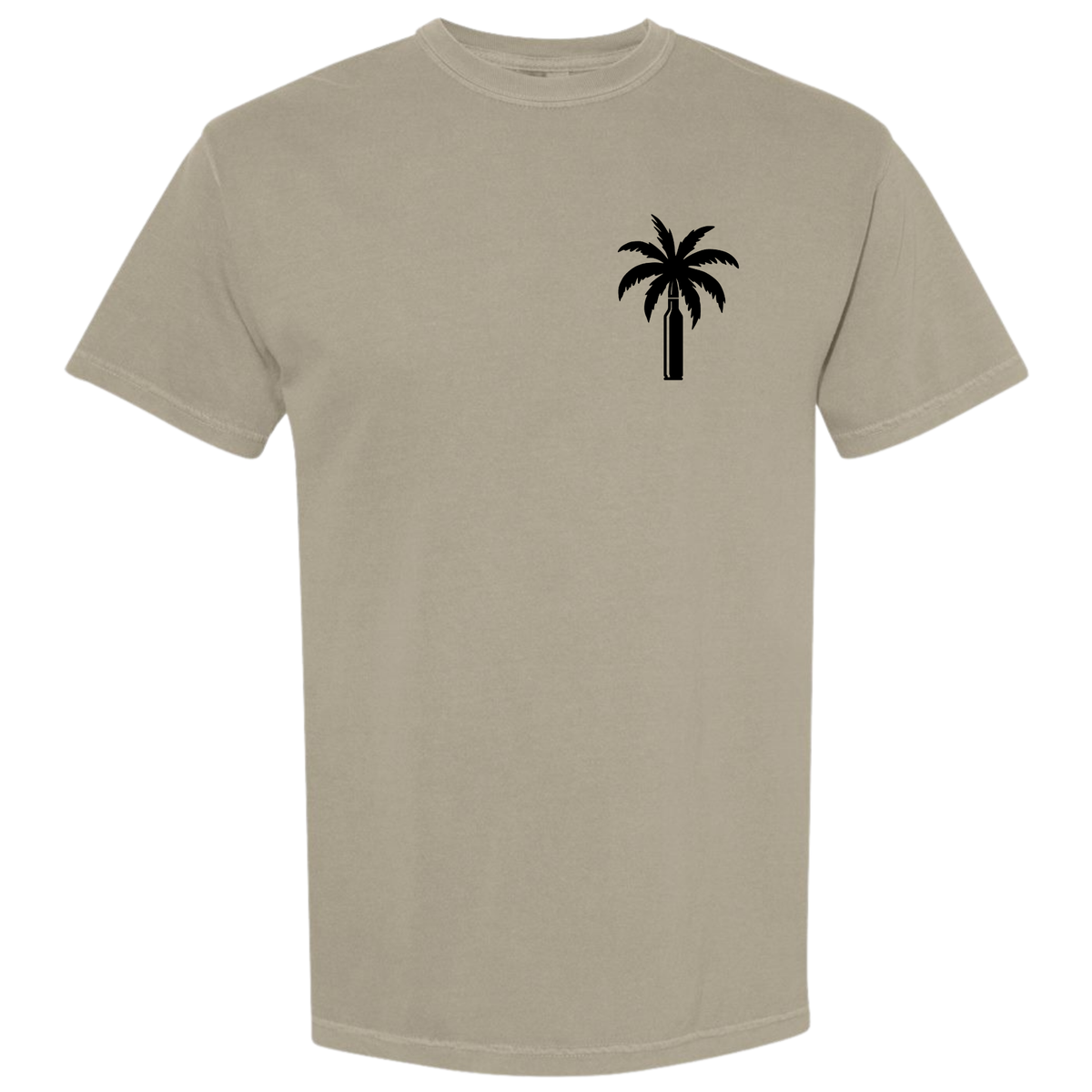 A light beige Sandstone crewneck t-shirt with a small black palm tree graphic printed on the left chest, displayed on a solid white background.
