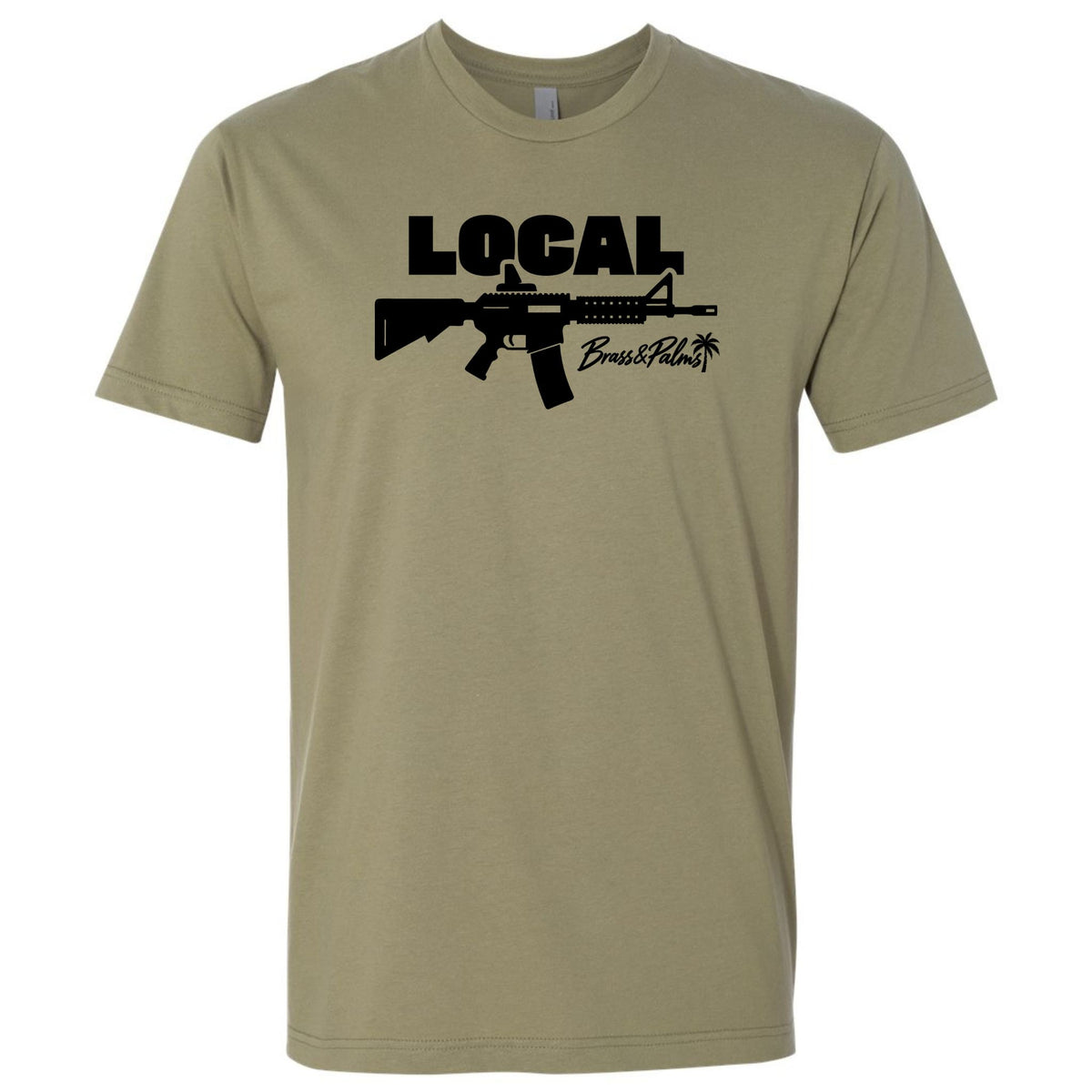 A light olive modern fit T-shirt with black LOCAL rifle graphic and Brass & Palms script logo, Florida gun culture apparel.