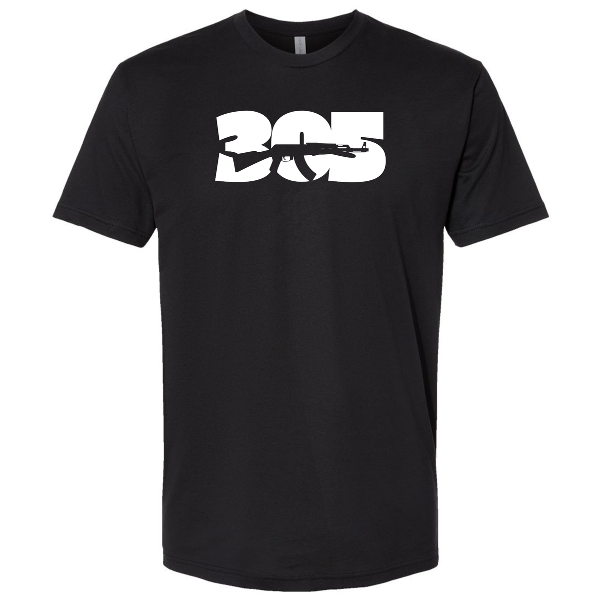 A black short-sleeve T-shirt with a white '305 AK-47' graphic representing Miami gun culture.