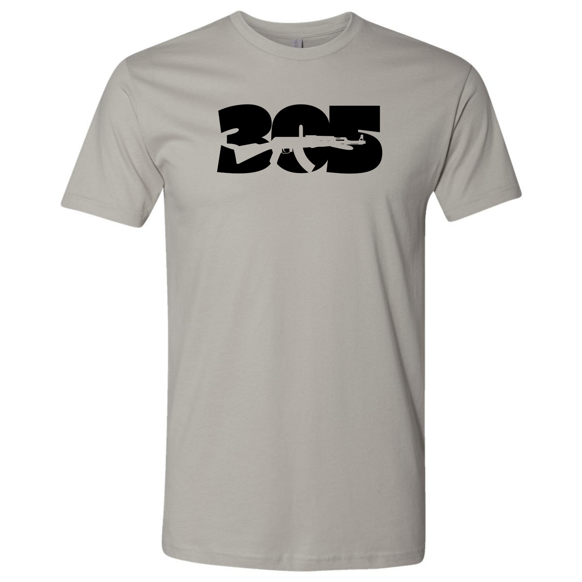 A light grey modern fit T-shirt with a black '305 AK-47' chest graphic inspired by South Florida.