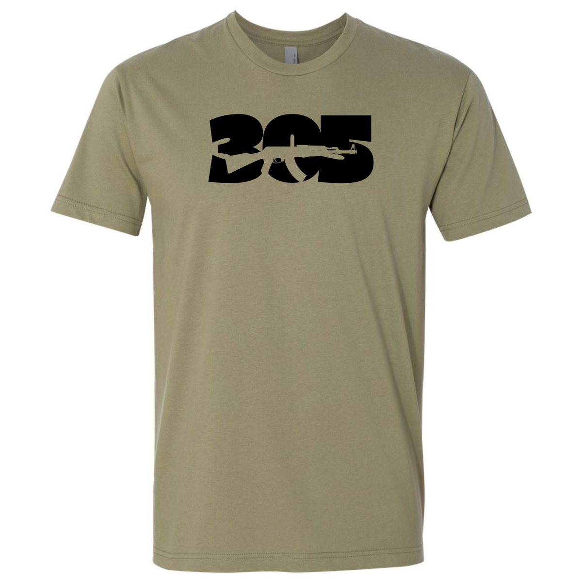 A light olive green short-sleeve T-shirt with a black '305 AK-47' graphic celebrating South Florida gun culture.
