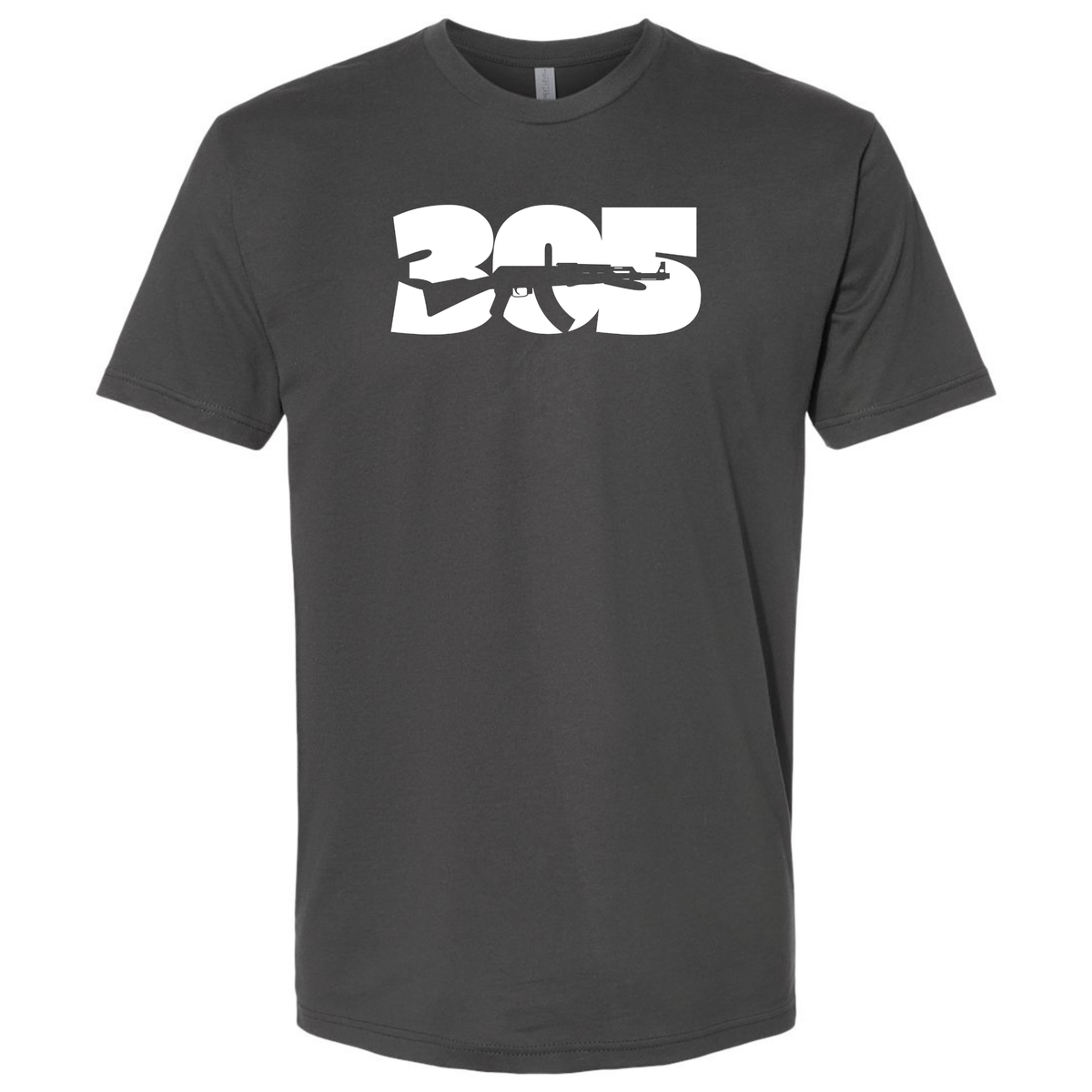 A dark charcoal grey T-shirt featuring a white 'AK-47' rifle incorporated into the iconic Miami '305' area code.