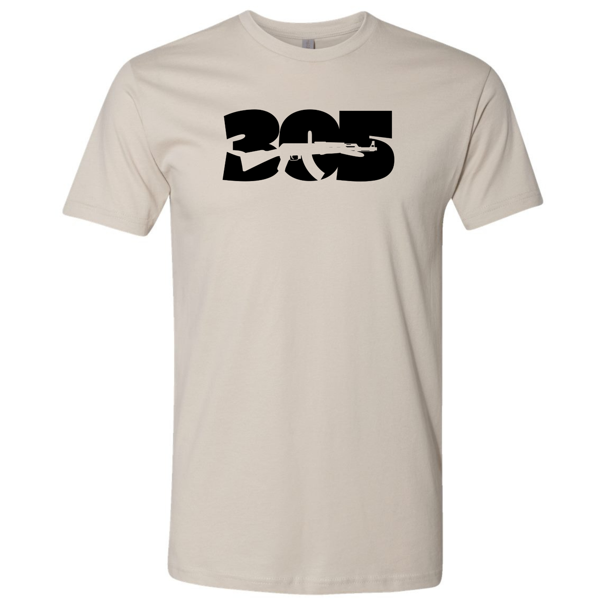 A sand-colored T-shirt featuring a black '305' rifle design representing Miami and Miami-Dade.