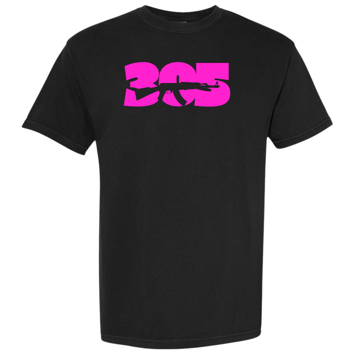 A black short-sleeve crewneck t-shirt featuring a large hot pink graphic on the chest that reads '305' Miami area code with a rifle silhouette integrated into the design, shown against a plain white background.