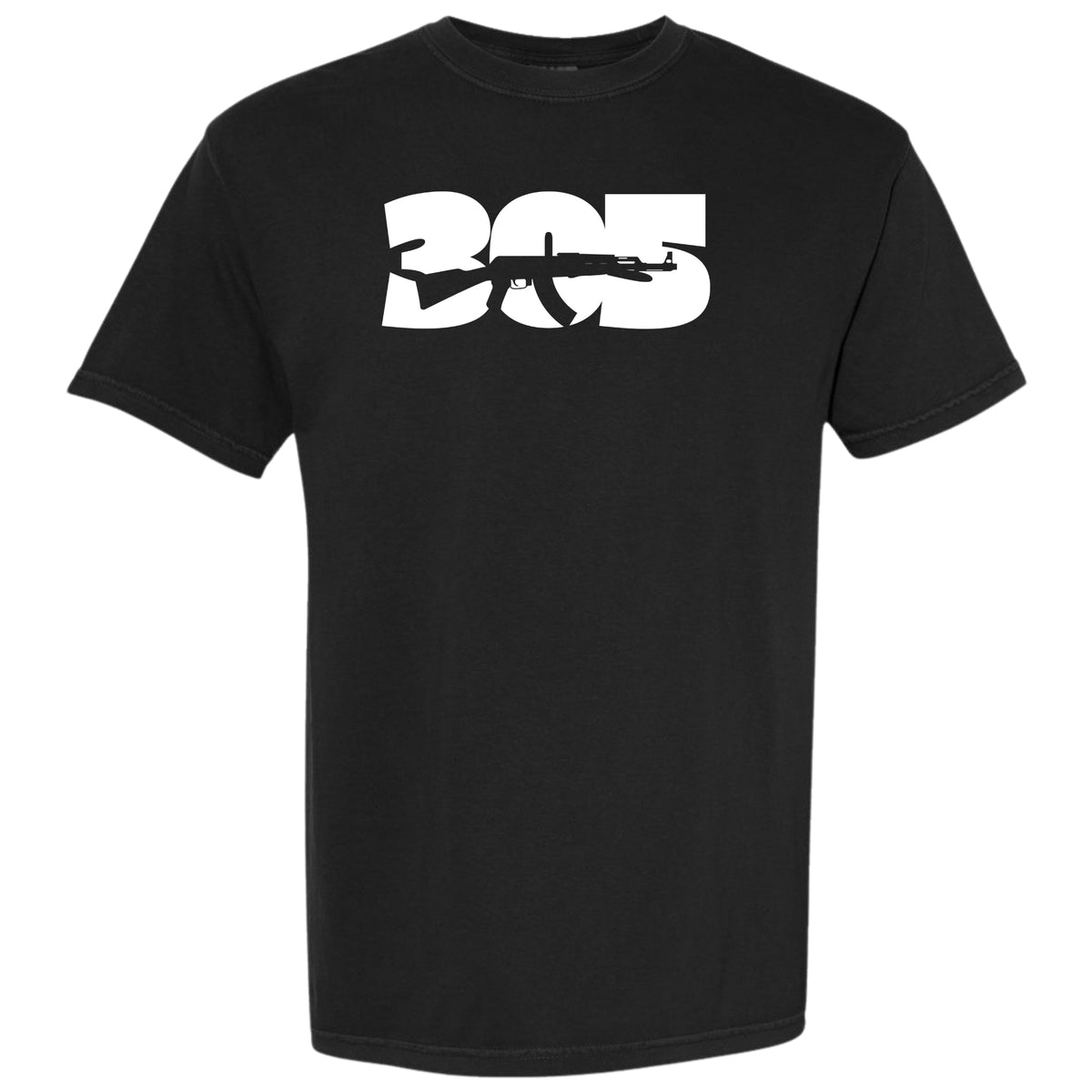 A black short-sleeve crewneck t-shirt featuring a bold white graphic on the chest that reads '305' Miami area code with a rifle silhouette running through the numbers.