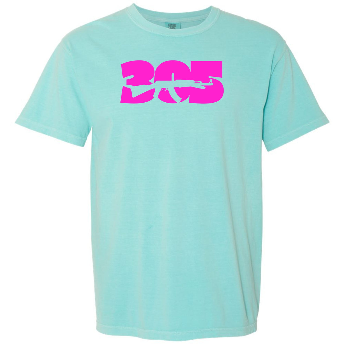 A chalky mint short-sleeve crewneck t-shirt featuring a large hot pink graphic on the chest that reads '305' Miami area code with a rifle silhouette integrated into the design, shown against a plain white background.