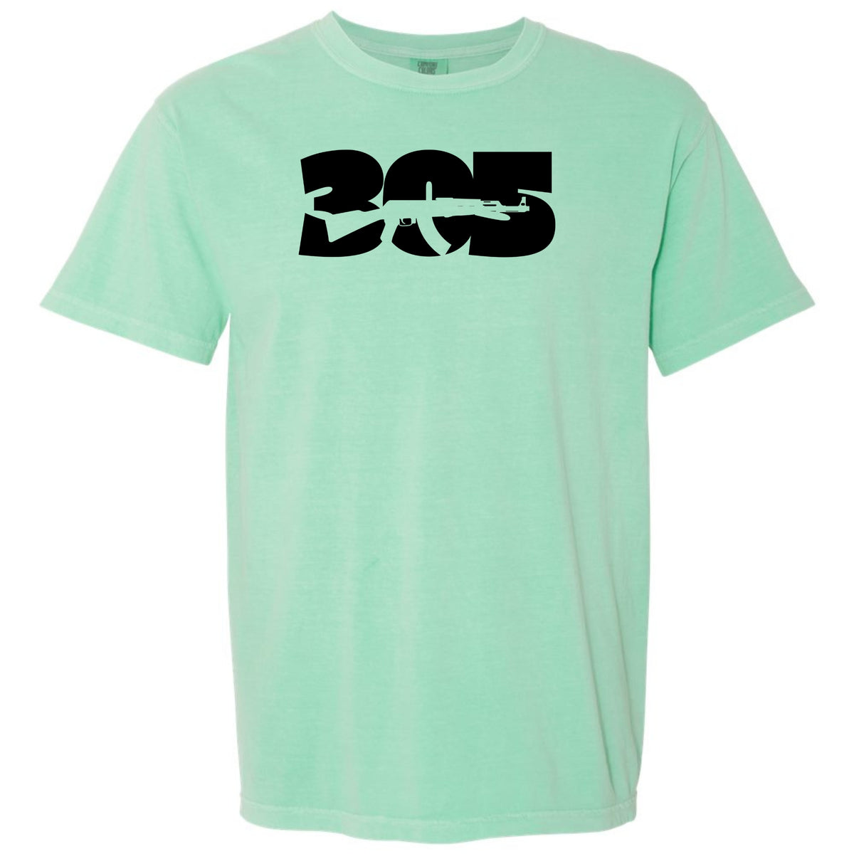 An island reef green short-sleeve crewneck t-shirt featuring a large black graphic on the chest that reads '305' Miami area code with a rifle silhouette integrated into the design, shown against a plain white background.