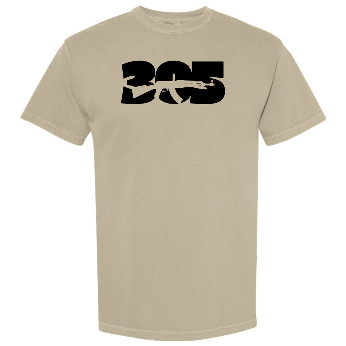 A khaki beige short-sleeve crewneck t-shirt featuring a bold black graphic print on the chest that reads '305' Miami area code with a rifle silhouette running through it, displayed on a solid white background.