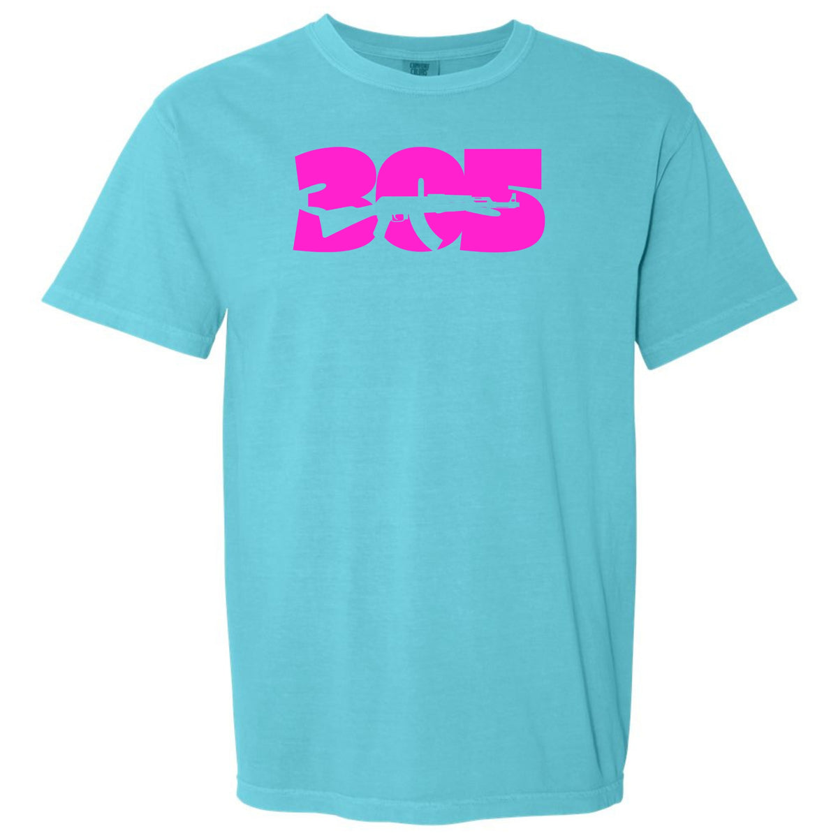 A lagoon turquoise short-sleeve crewneck t-shirt featuring a large hot pink graphic on the chest that reads '305' with an AK-47 rifle detail, displayed on a solid white background.