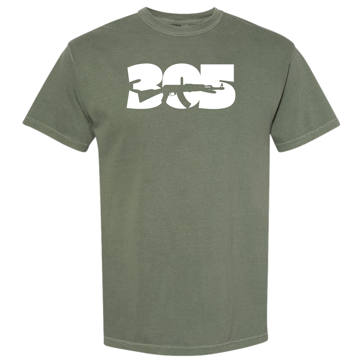 A moss olive green short-sleeve crewneck t-shirt featuring a bold white graphic on the chest that reads '305' Miami area code with a rifle silhouette integrated into the design.