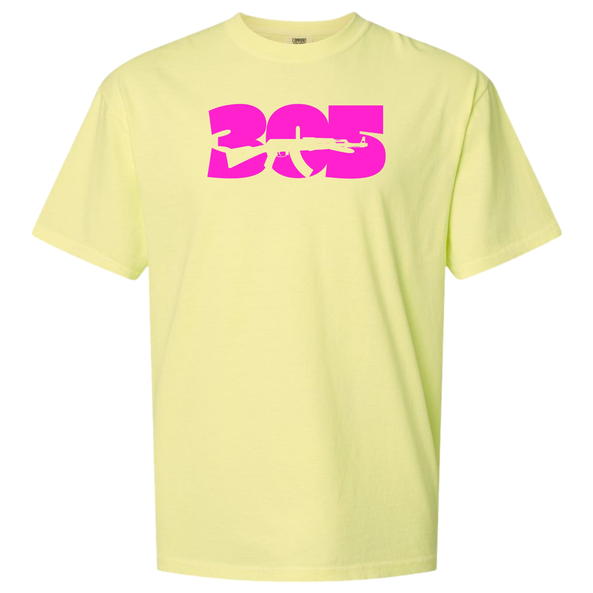 A neon lemon yellow short-sleeve crewneck t-shirt featuring a large, vibrant hot pink graphic of the numbers '305' Miami area code with an AK-47 rifle silhouette printed across the chest.