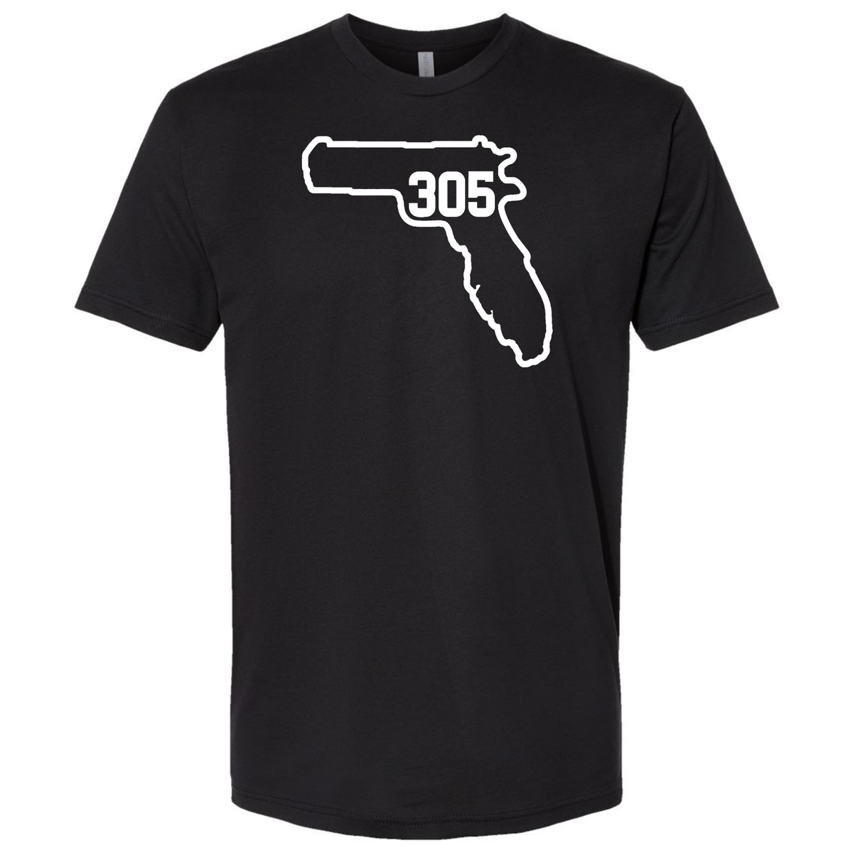 A black short-sleeve T-shirt with a white graphic of the sate outline of Florida containing Miami area code '305' on the chest, displayed against a solid white background.