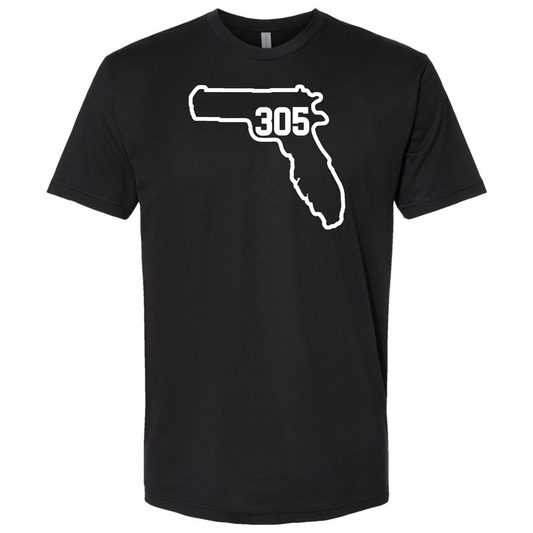 A black short-sleeve T-shirt with a white graphic of the sate outline of Florida containing Miami area code '305' on the chest, displayed against a solid white background.