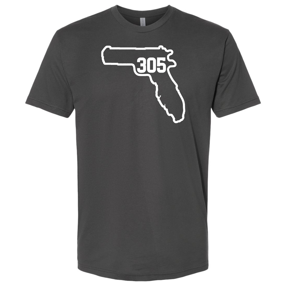 A dark charcoal short-sleeve T-shirt with a white graphic of the state outline of Florida containing Miami area code '305' on the chest, displayed against a solid white background.