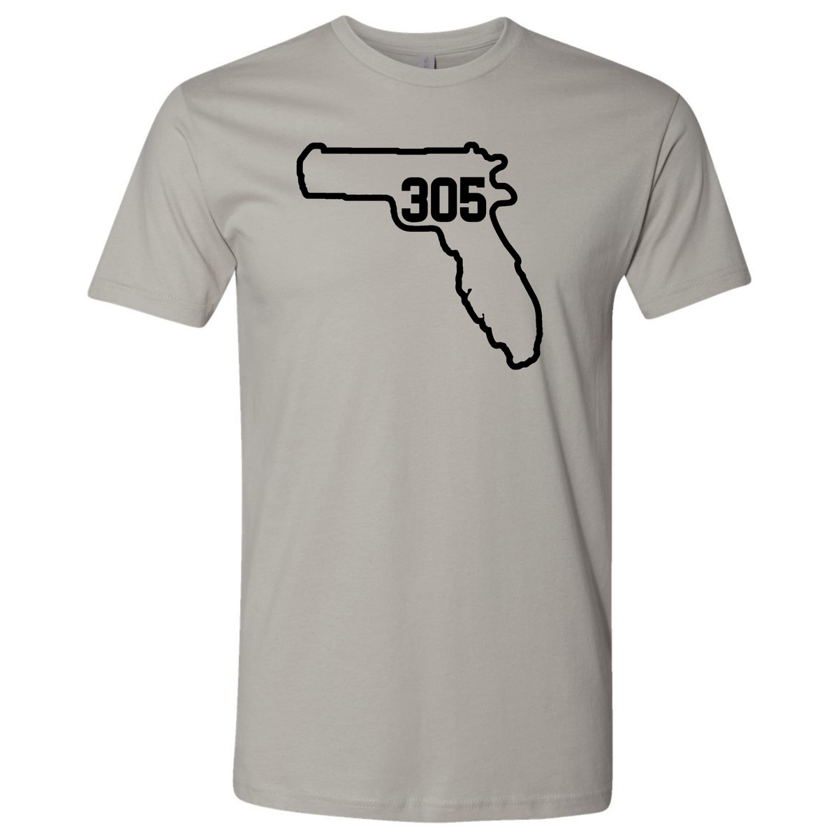 A light grey short-sleeve T-shirt with a black graphic of the state outline of Florida containing Miami area code '305' on the chest, displayed against a solid white background.