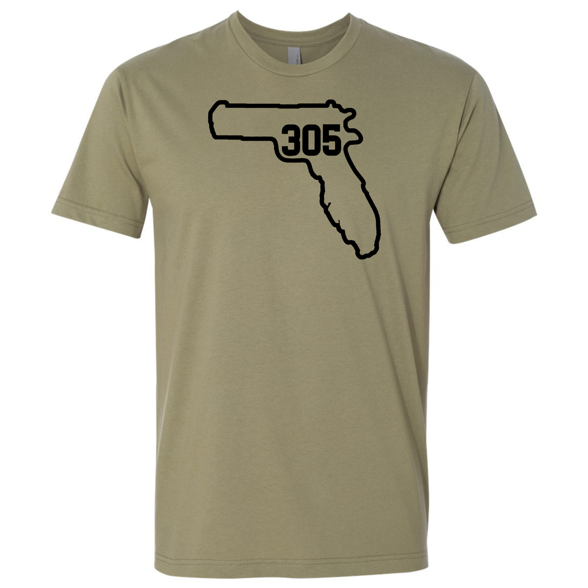 A light olive green short-sleeve T-shirt with a black graphic of the state outline of Florida containing Miami area code '305' on the chest, displayed against a solid white background.