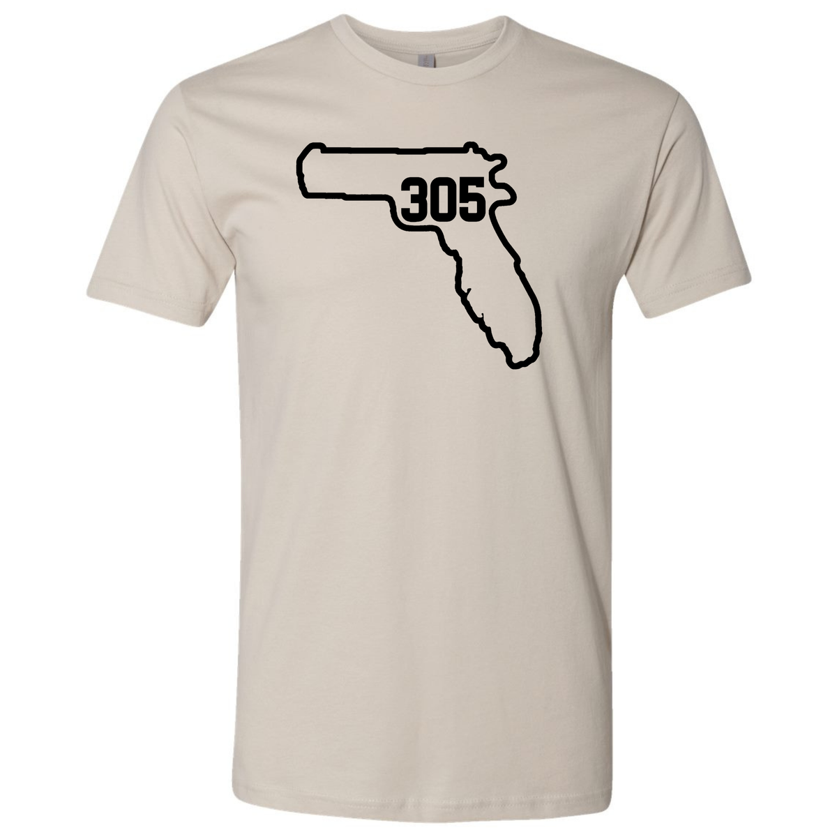 A sand-colored short-sleeve T-shirt with a black graphic of the state outline of Florida containing Miami area code '305' on the chest, displayed against a solid white background.