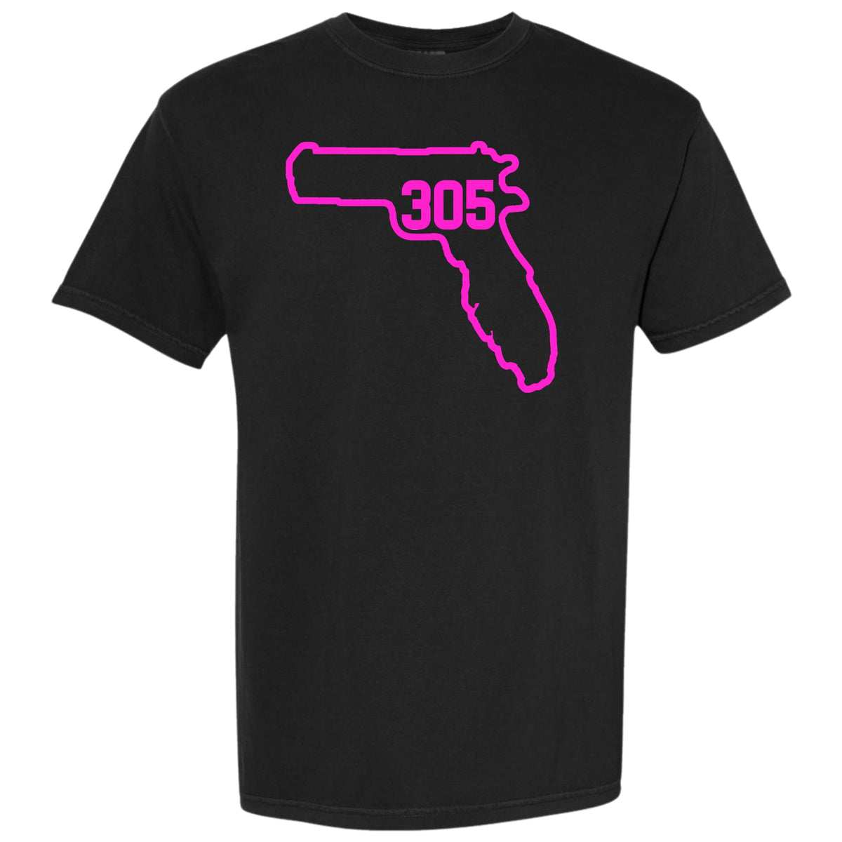 A black short-sleeve crewneck t-shirt featuring a bright pink graphic of the state outline of Florida with a handgun silhouette and Miami area code '305' printed on the chest, displayed against a solid white background.