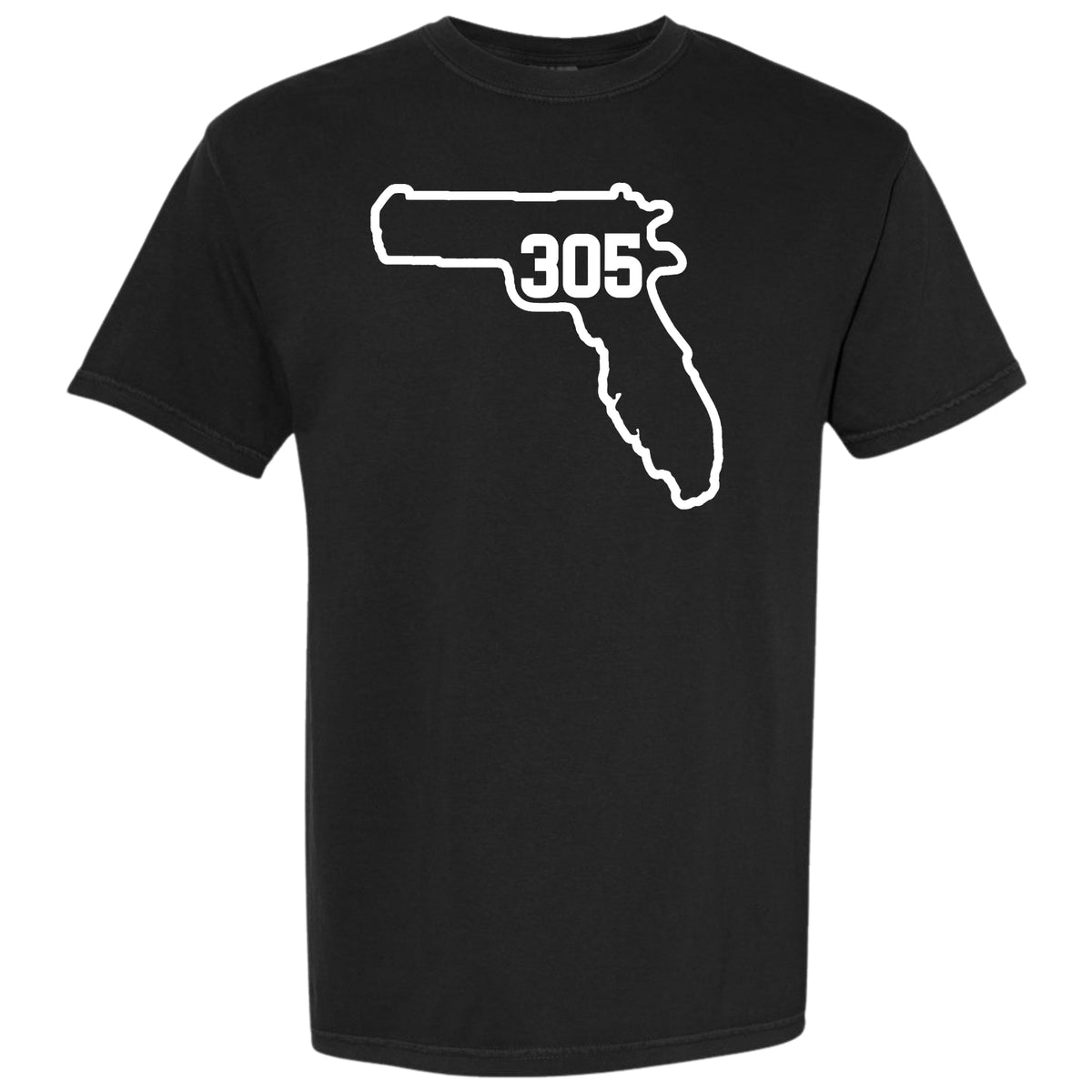 A black short-sleeve crewneck t-shirt featuring a white graphic of the state outline of Florida combined with a handgun silhouette and Miami area code '305' printed on the chest.