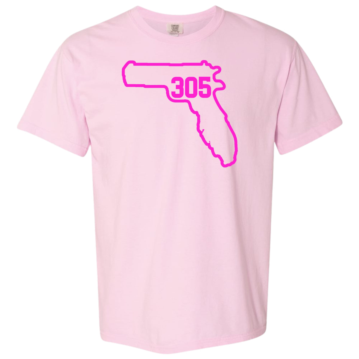 A light pink short-sleeve crewneck t-shirt featuring a bright pink graphic of the state outline of Florida with Miami area code '305' printed inside, displayed on a solid white background.