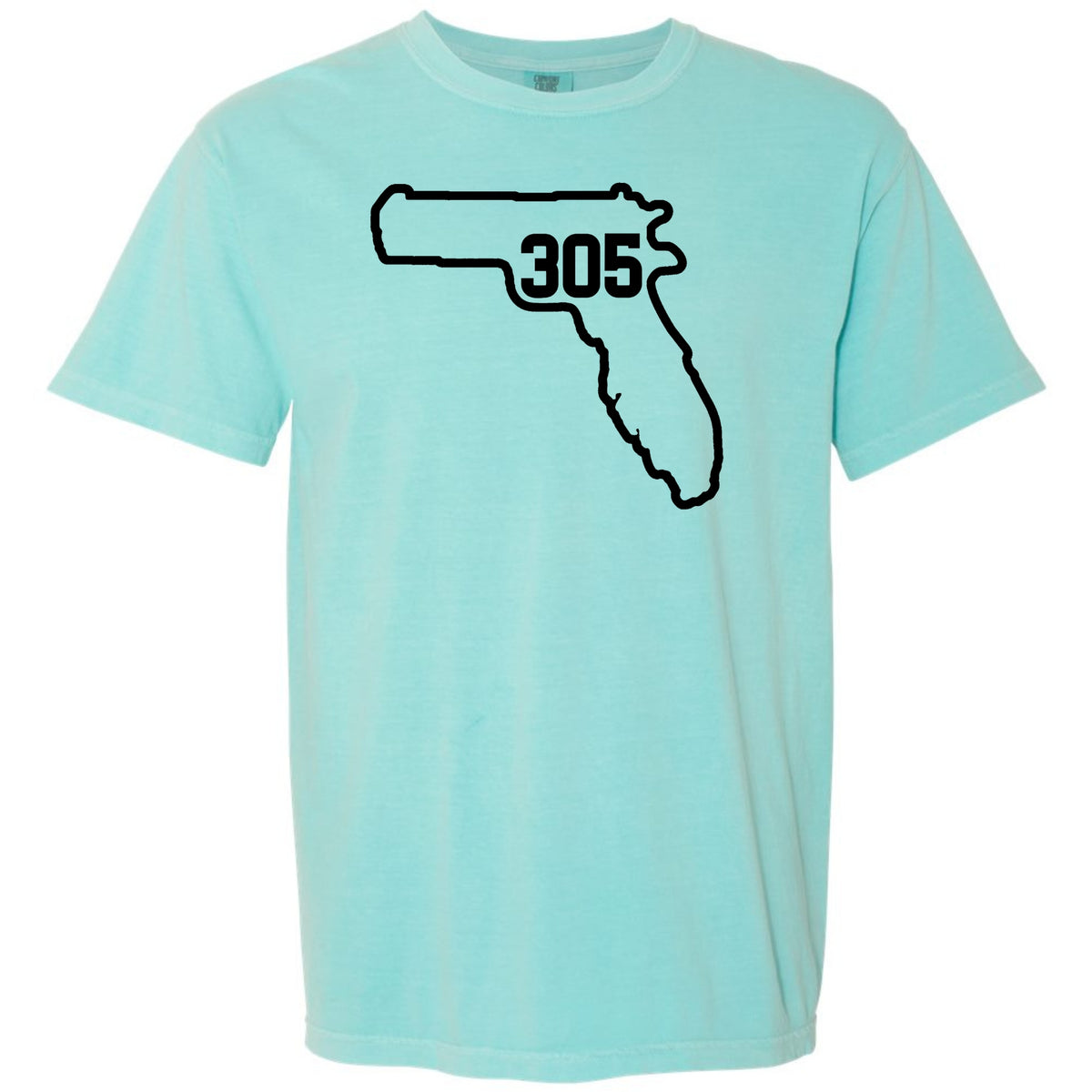 A light aqua blue short-sleeve t-shirt with a black graphic of the state outline of Florida containing Miami area code '305' on the chest, displayed against a solid white background.