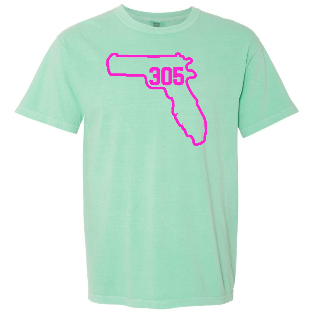 A mint green short-sleeve t-shirt with a bright pink graphic of the state outline of Florida containing Miami area code '305'.