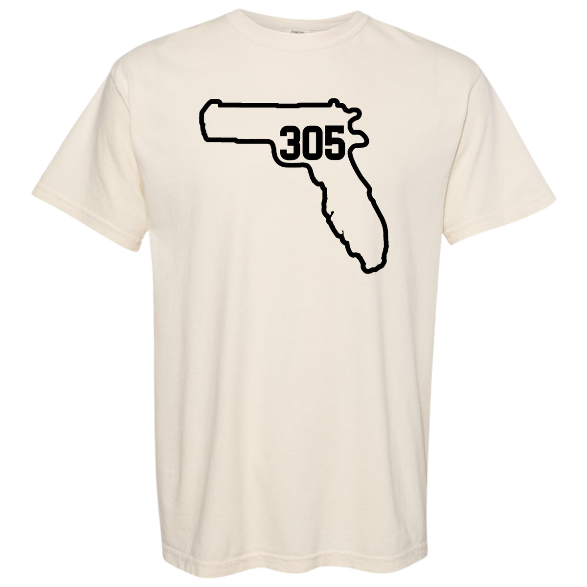 An off-white short-sleeve t-shirt with a black graphic of a handgun silhouette shaped like the state of Florida, containing Miami area code '305' in black.