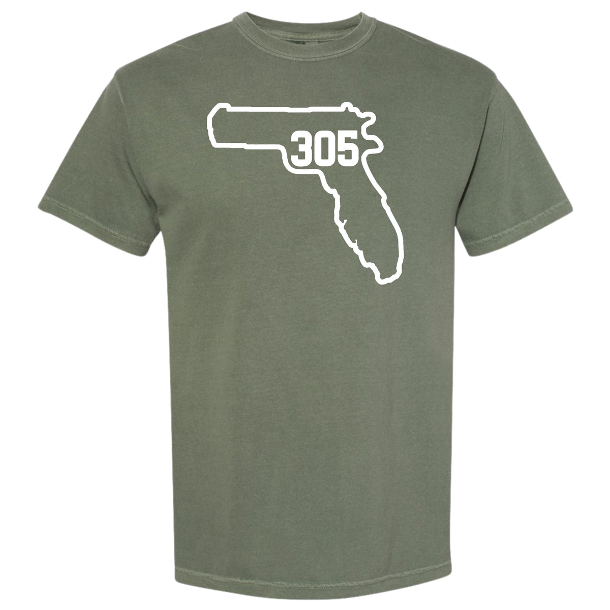 An olive green short-sleeve crewneck t-shirt featuring a white graphic of the state outline of Florida with a handgun silhouette and Miami area code '305' printed inside, displayed on a solid white background.