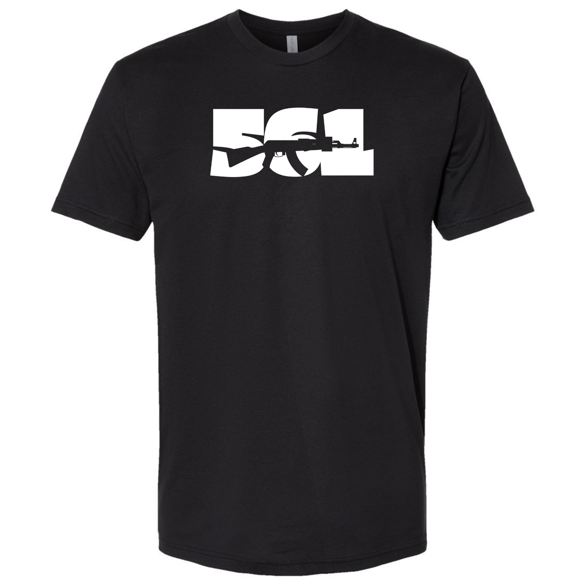 A black short-sleeve T-shirt featuring a white '561 AK-47' graphic representing Palm Beach County and South Florida gun culture.