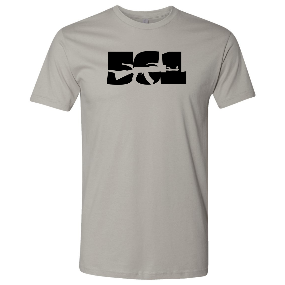 A light grey modern fit T-shirt featuring a black 'AK-47' graphic incorporated into the '561' area code design.