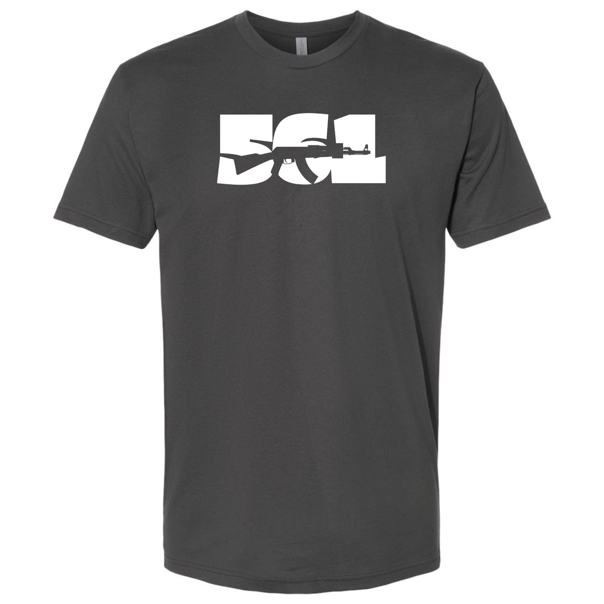 A dark charcoal T-shirt with a bold white '561 AK-47' rifle design across the chest.