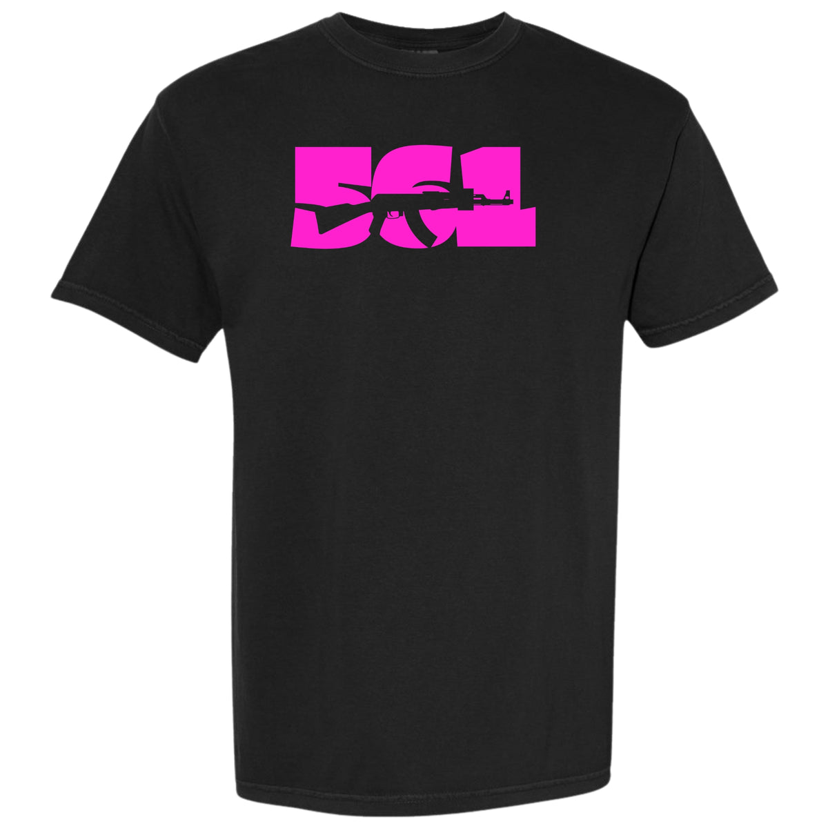 A black short-sleeve crewneck t-shirt featuring a large hot pink graphic on the chest that spells out '561' Palm Beach area code with a rifle silhouette integrated into the design, shown against a plain white background.