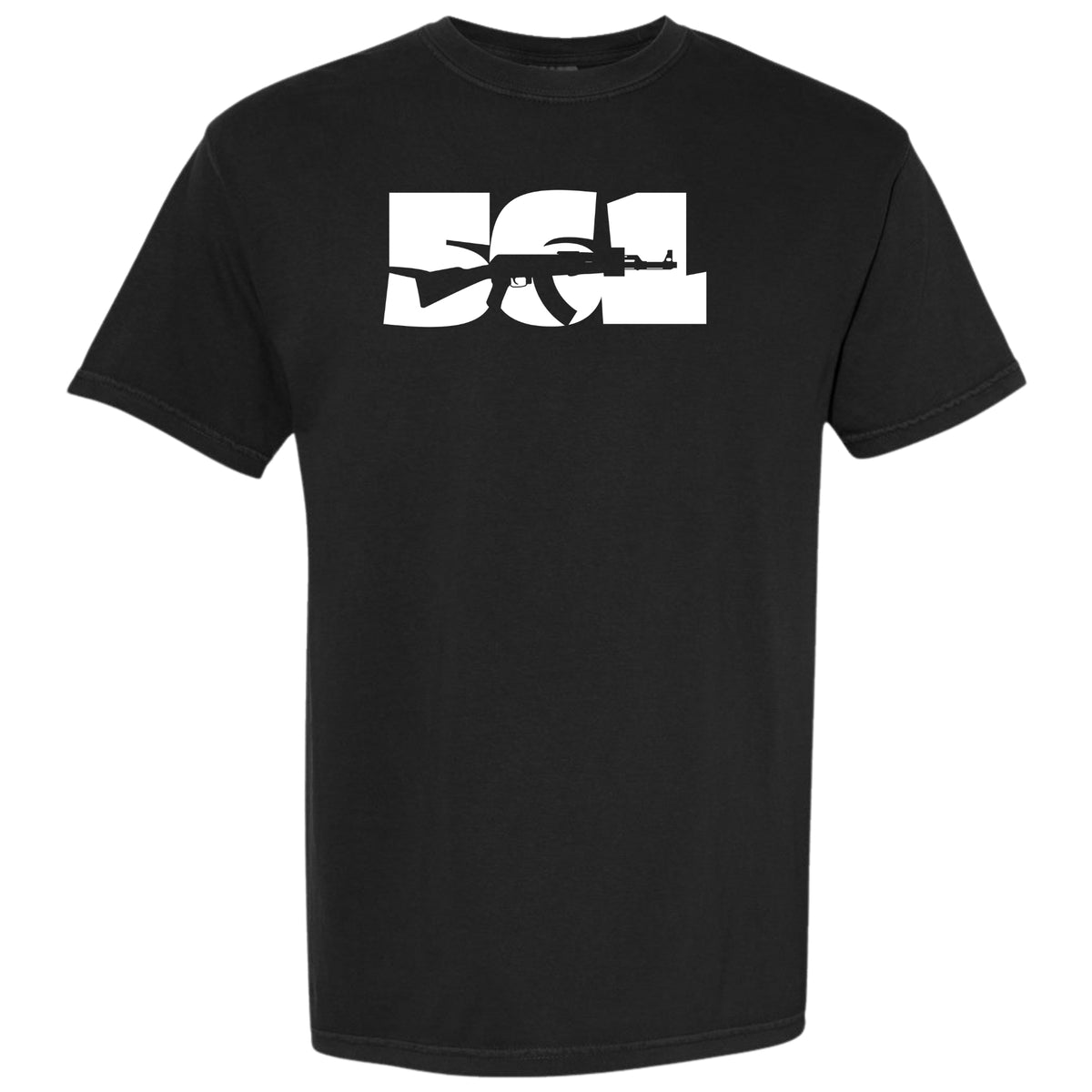 A black short-sleeve crewneck t-shirt featuring a large white graphic on the chest that spells out '561' Palm Beach area code with a rifle silhouette integrated into the design, shown against a plain white background.