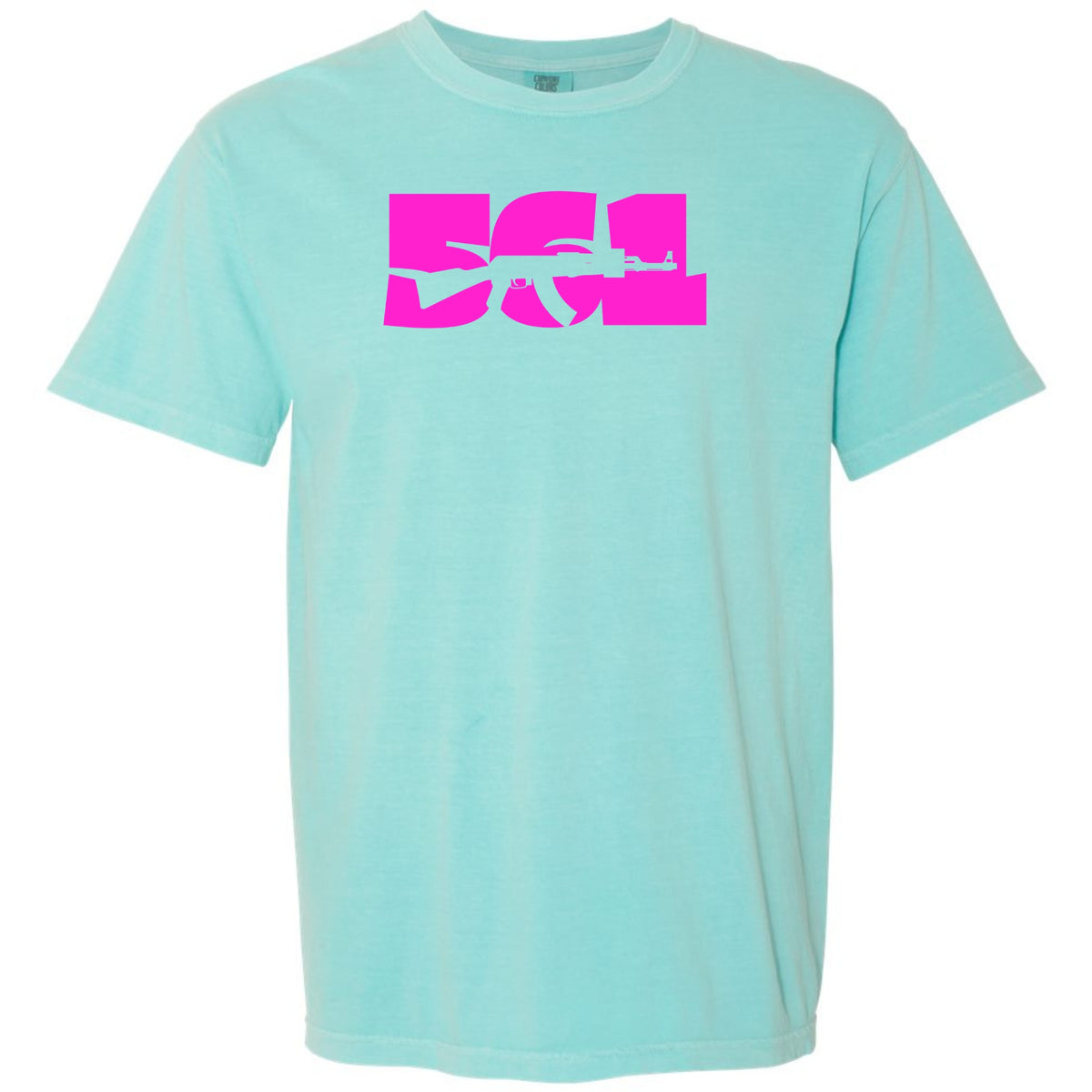A chalky mint turquoise short-sleeve crewneck t-shirt featuring a large hot pink graphic on the chest that spells out '561' Palm Beach area code with a rifle silhouette integrated into the design, shown against a plain white background.