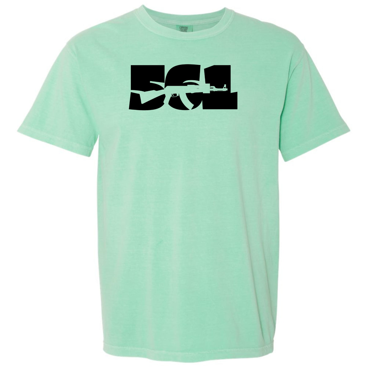 An island reef green short-sleeve crewneck t-shirt featuring a bold black graphic logo on the chest that reads '561' West Palm Beach area code with a silhouette of an AK-47 rifle, displayed against a solid white background.