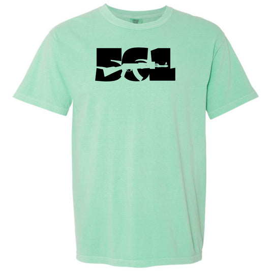An island reef green short-sleeve crewneck t-shirt featuring a bold black graphic logo on the chest that reads '561' West Palm Beach area code with a silhouette of an AK-47 rifle, displayed against a solid white background.