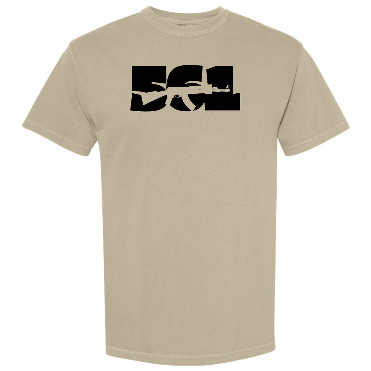 A beige khaki crewneck t-shirt with a black graphic print on the chest featuring the letters '561' and a rifle silhouette.