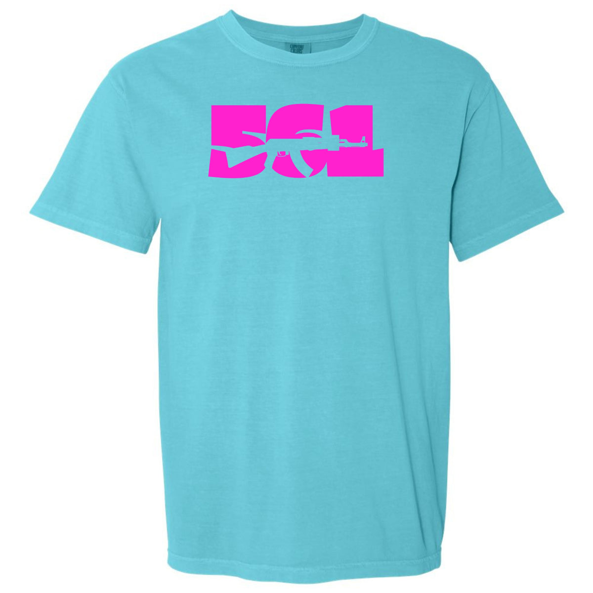 A turquoise lagoon short-sleeve crewneck t-shirt featuring a bold, stylized hot pink graphic logo on the chest, displayed against a solid white background.