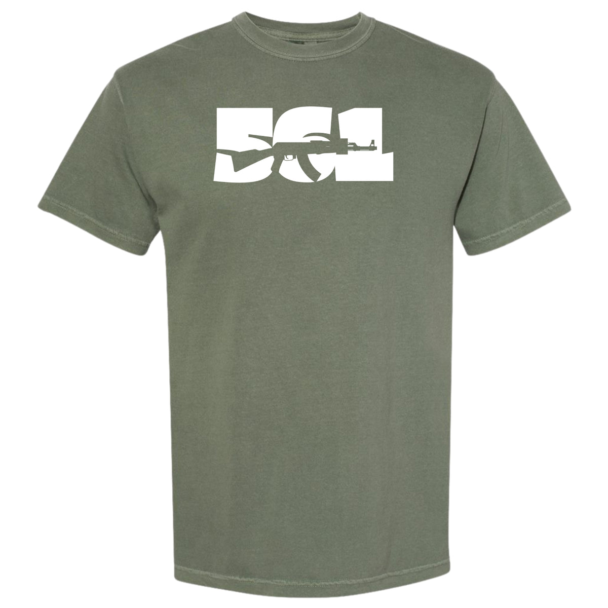 An olive green moss short-sleeve crewneck t-shirt featuring a bold white graphic on the chest that spells '561' West Palm Beach area code with a rifle silhouette integrated into the letters.