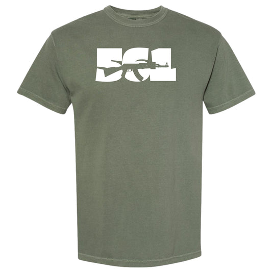 An olive green moss short-sleeve crewneck t-shirt featuring a bold white graphic on the chest that spells '561' West Palm Beach area code with a rifle silhouette integrated into the letters.