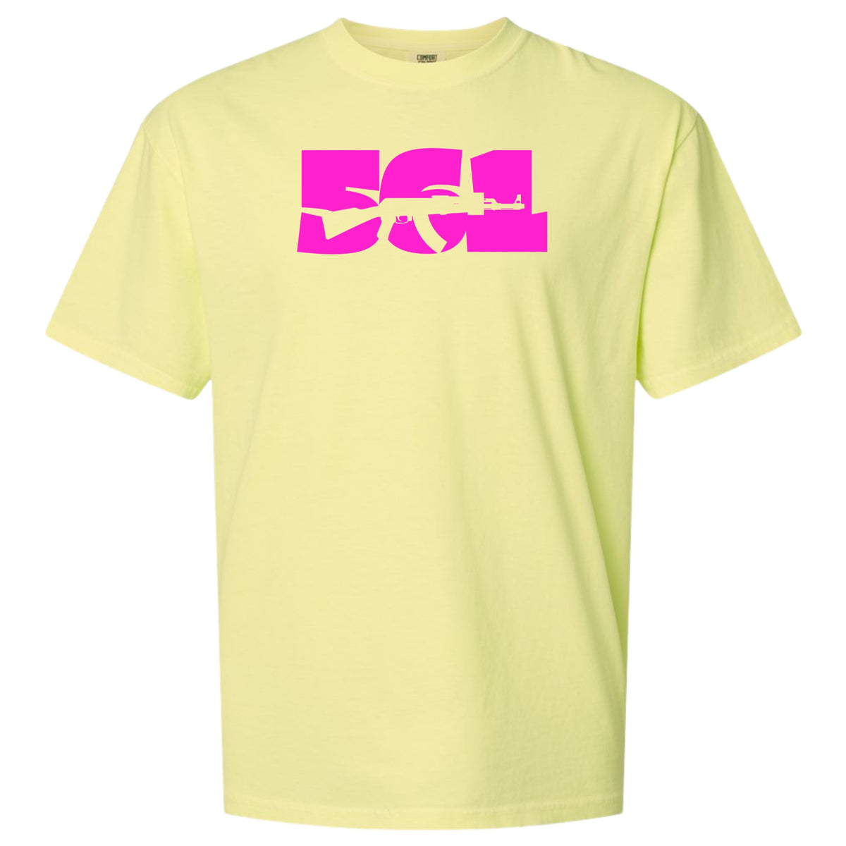 A neon lemon yellow short-sleeve crewneck t-shirt featuring a large, bold hot pink graphic logo on the chest, displayed against a solid white background.