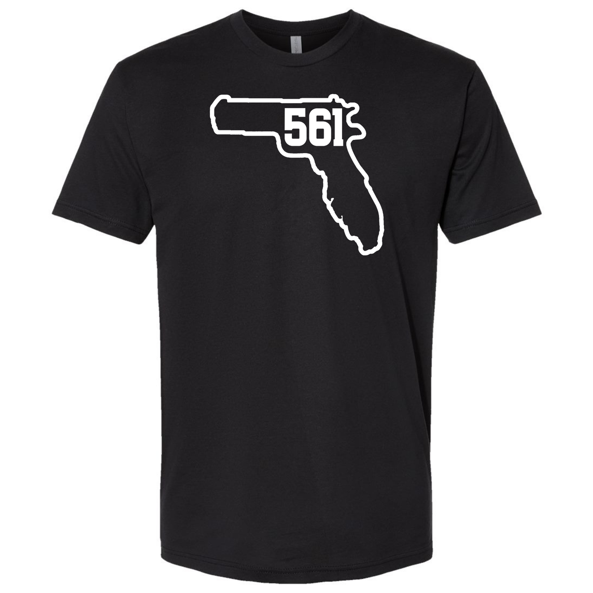 A black modern fit T-shirt with a white Florida state outline featuring the Palm Beach County '561' area code.